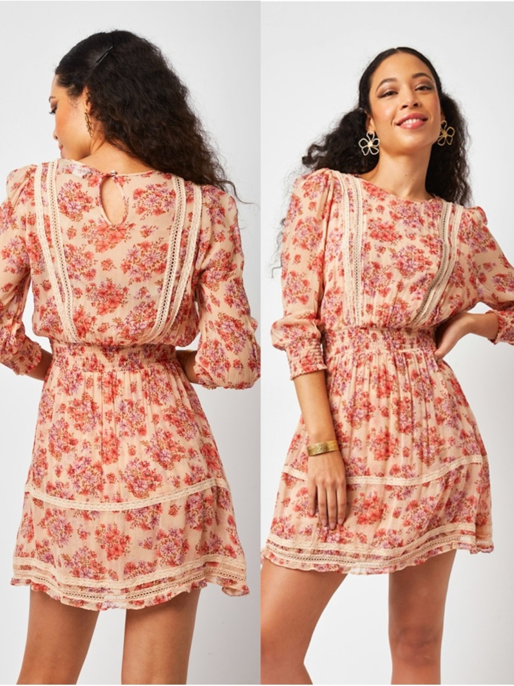 The Kooples Floral‎ Lace Trim Mini Dress Smocked Waist Boho